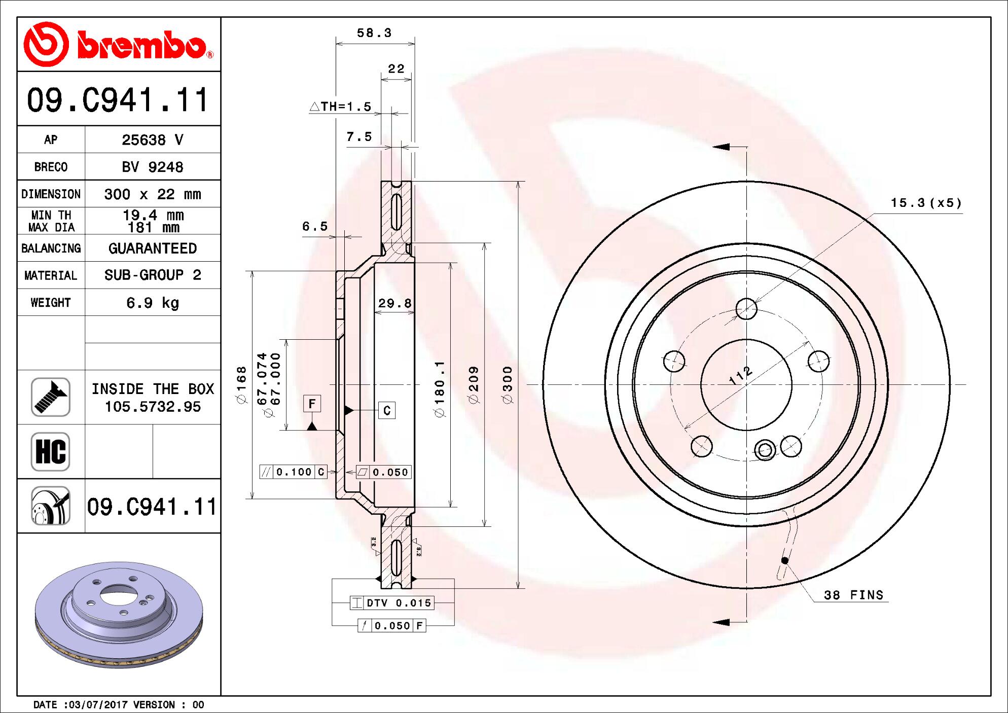 Mercedes Brembo Disc Brake Rotor - Rear (300mm) 2214231212